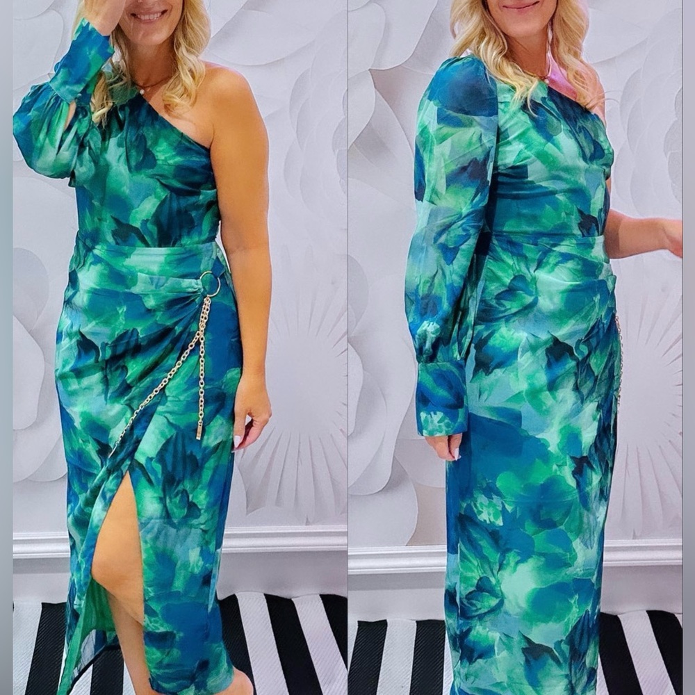 One-Shoulder Green and Blue Floral Dress